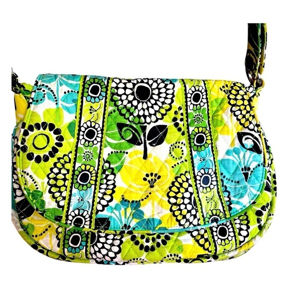 Vera Bradley Limes Up Pattern Green Floral Quilted Shoulder Crossbody Saddle Bag - Picture 2 of 13